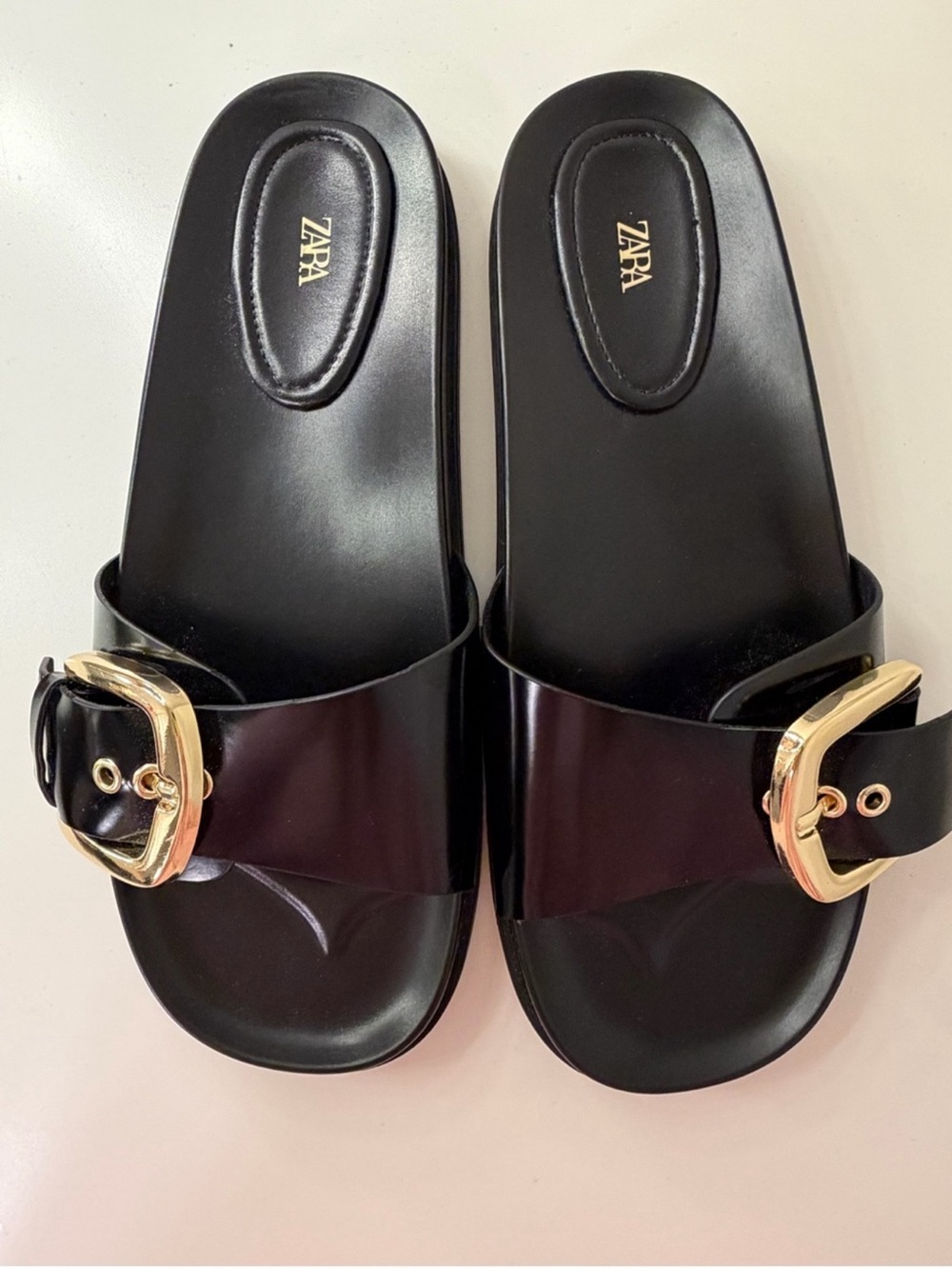 ZARA Black Slide Sandals with Gold Buckle Accent